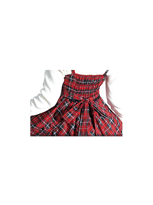 Punk Lolita Bowknot Plaid Black Single Row Pleats Double Lace Drawstring Irregular Hem Design Sling Dress