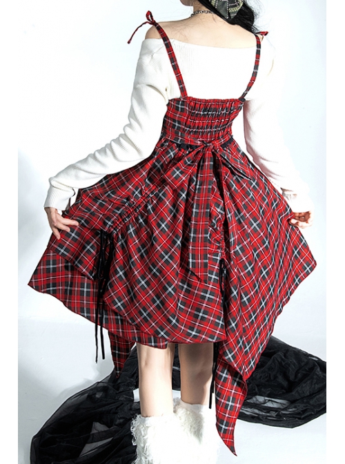 Punk Lolita Bowknot Plaid Black Single Row Pleats Double Lace Drawstring Irregular Hem Design Sling Dress