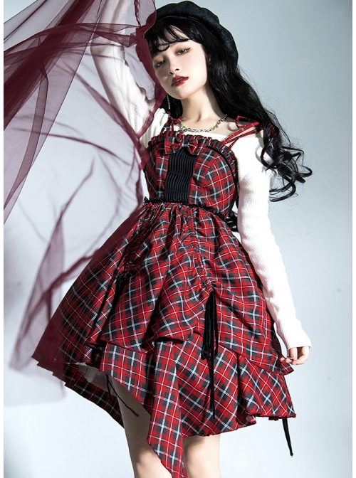 Punk Lolita Bowknot Plaid Black Single Row Pleats Double Lace Drawstring Irregular Hem Design Sling Dress