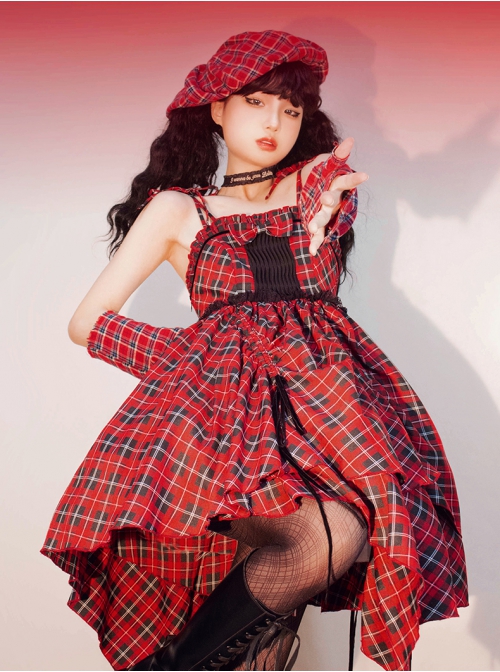 Punk Lolita Bowknot Plaid Black Single Row Pleats Double Lace Drawstring Irregular Hem Design Sling Dress