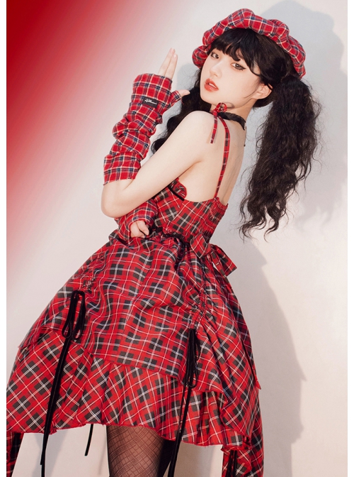 Punk Lolita Bowknot Plaid Black Single Row Pleats Double Lace Drawstring Irregular Hem Design Sling Dress