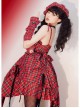 Punk Lolita Bowknot Plaid Black Single Row Pleats Double Lace Drawstring Irregular Hem Design Sling Dress