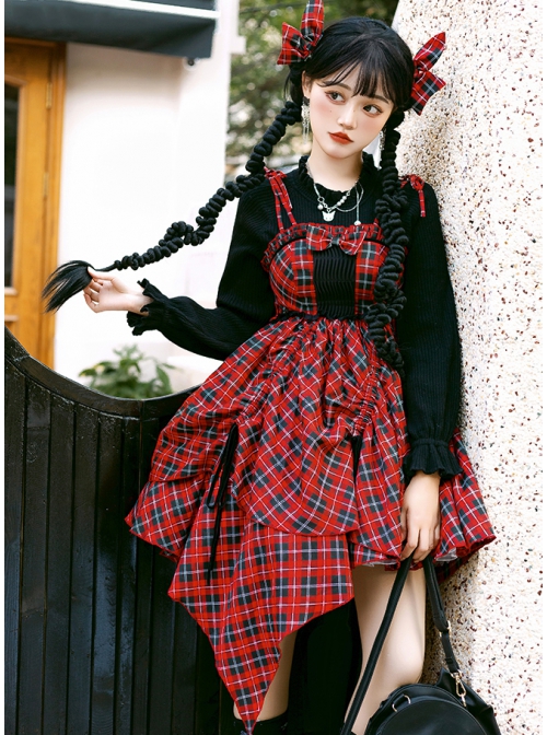 Punk Lolita Bowknot Plaid Black Single Row Pleats Double Lace Drawstring Irregular Hem Design Sling Dress