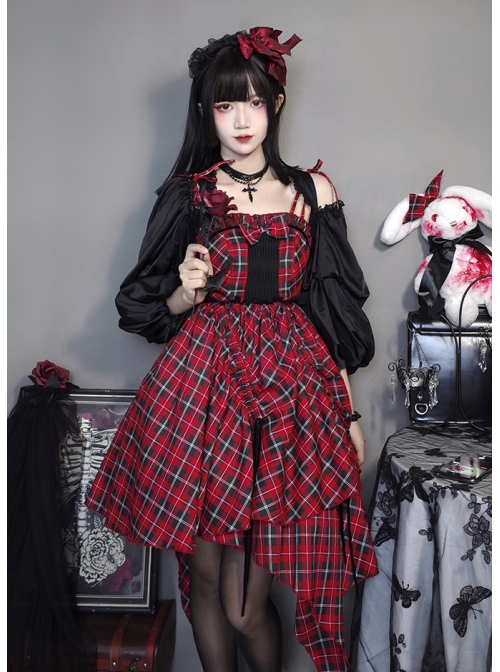 Punk Lolita Bowknot Plaid Black Single Row Pleats Double Lace Drawstring Irregular Hem Design Sling Dress