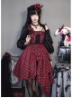 Punk Lolita Bowknot Plaid Black Single Row Pleats Double Lace Drawstring Irregular Hem Design Sling Dress