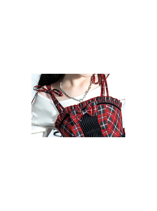 Punk Lolita Bowknot Plaid Black Single Row Pleats Double Lace Drawstring Irregular Hem Design Sling Dress