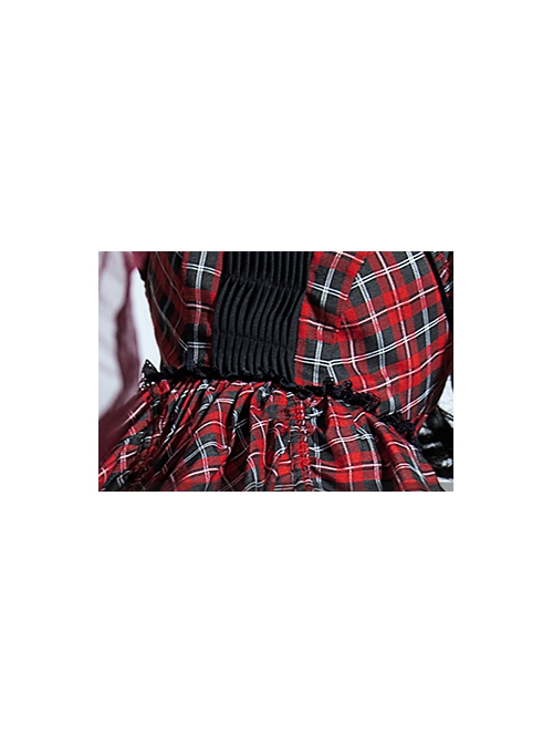 Punk Lolita Bowknot Plaid Black Single Row Pleats Double Lace Drawstring Irregular Hem Design Sling Dress