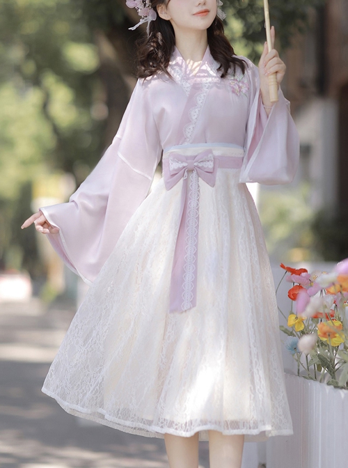 Morning And Evening Series Chinese Style Simple Daily Cross Over Lace Embroidery Elegant Sweet Lovely Bowknot Spring Autumn Hanfu