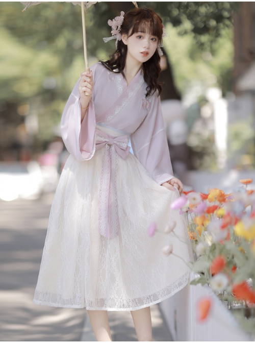 Morning And Evening Series Chinese Style Simple Daily Cross Over Lace Embroidery Elegant Sweet Lovely Bowknot Spring Autumn Hanfu