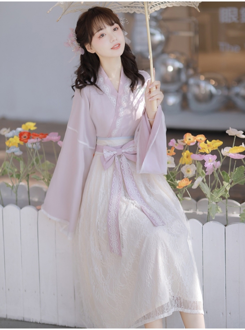 Morning And Evening Series Chinese Style Simple Daily Cross Over Lace Embroidery Elegant Sweet Lovely Bowknot Spring Autumn Hanfu