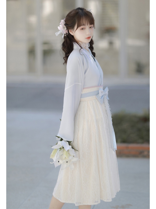 Morning And Evening Series Chinese Style Simple Daily Cross Over Lace Embroidery Elegant Sweet Lovely Bowknot Spring Autumn Hanfu