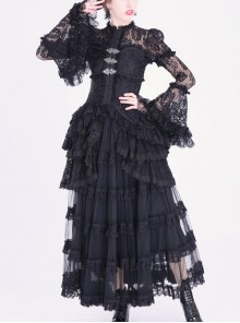 Magic Night Series Black Multi-layer Mesh Lace Cutout Trumpet Sleeve Top Dark Court Long Skirt Two Piece Set Gothic Lolita Suit