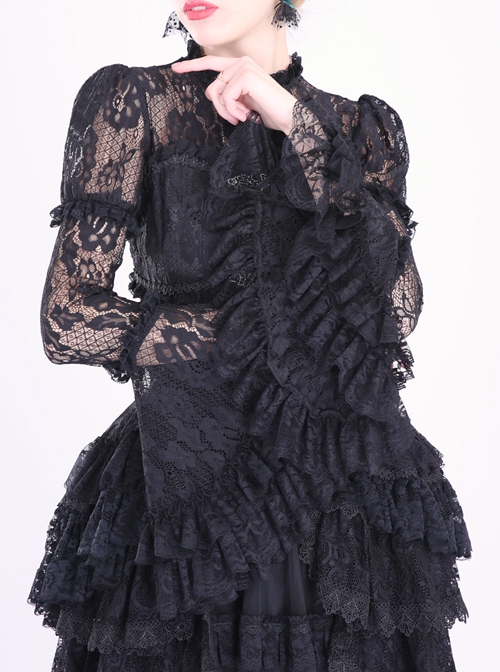 Magic Night Series Black Multi-layer Mesh Lace Cutout Trumpet Sleeve Top Dark Court Long Skirt Two Piece Set Gothic Lolita Suit