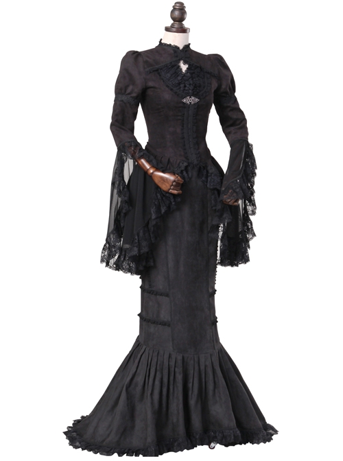 Black Lace Ruffle Long Sleeve Top Dark Night Punk Fishtail Skirt Suit Slim Fit Two Piece Set Gothic Lolita Suit
