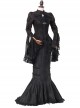 Black Lace Ruffle Long Sleeve Top Dark Night Punk Fishtail Skirt Suit Slim Fit Two Piece Set Gothic Lolita Suit