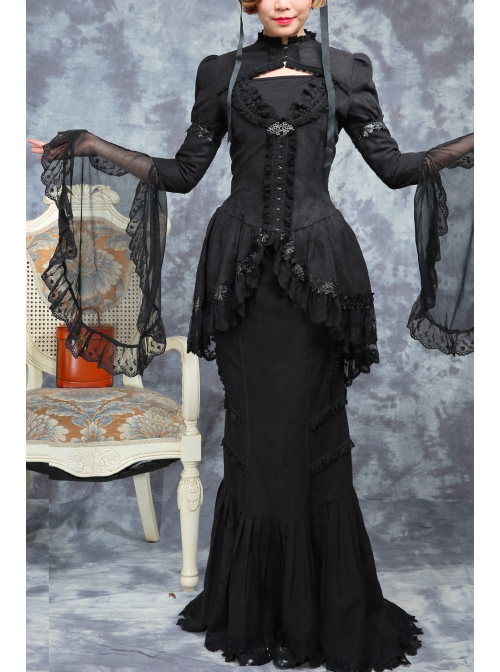 Black Lace Ruffle Long Sleeve Top Dark Night Punk Fishtail Skirt Suit Slim Fit Two Piece Set Gothic Lolita Suit