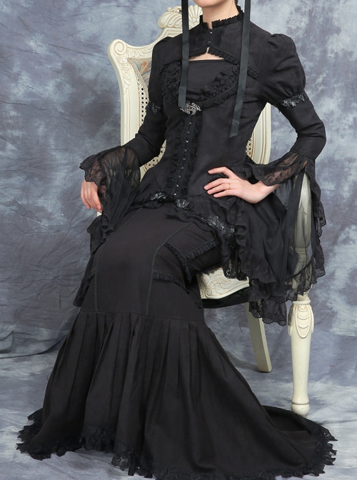 Black Lace Ruffle Long Sleeve Top Dark Night Punk Fishtail Skirt Suit Slim Fit Two Piece Set Gothic Lolita Suit