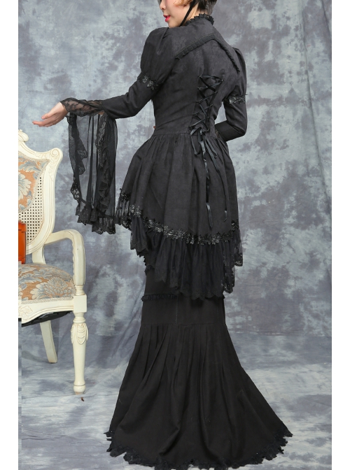 Black Lace Ruffle Long Sleeve Top Dark Night Punk Fishtail Skirt Suit Slim Fit Two Piece Set Gothic Lolita Suit