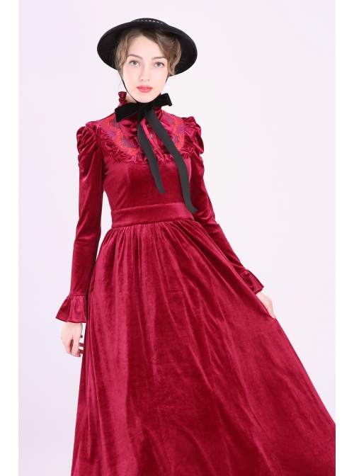 Customizable Velvet Lolita Waist Pleats Stand Collar Lotus Leaf Lace Lantern Long Sleeve Retro Prom Long Dress