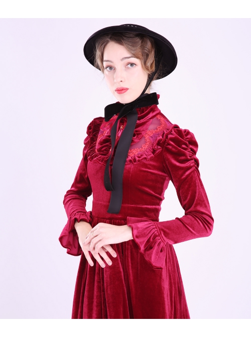 Customizable Velvet Lolita Waist Pleats Stand Collar Lotus Leaf Lace Lantern Long Sleeve Retro Prom Long Dress