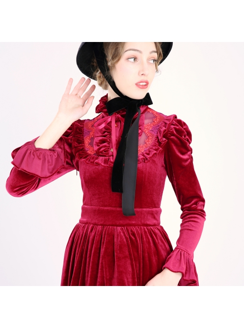 Customizable Velvet Lolita Waist Pleats Stand Collar Lotus Leaf Lace Lantern Long Sleeve Retro Prom Long Dress