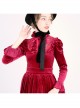 Customizable Velvet Lolita Waist Pleats Stand Collar Lotus Leaf Lace Lantern Long Sleeve Retro Prom Long Dress