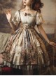 Classic Lolita JSK Jacquard White Lace Pleated Court Vintage Oil Painting Drawstring Metal Buttons Sling Dress