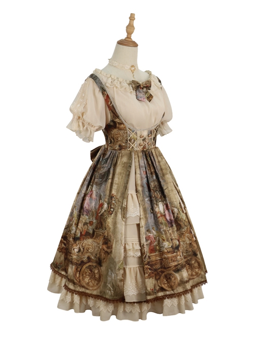 Classic Lolita JSK Jacquard White Lace Pleated Court Vintage Oil Painting Drawstring Metal Buttons Sling Dress