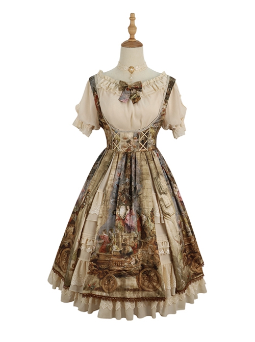 Classic Lolita JSK Jacquard White Lace Pleated Court Vintage Oil Painting Drawstring Metal Buttons Sling Dress