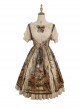 Classic Lolita JSK Jacquard White Lace Pleated Court Vintage Oil Painting Drawstring Metal Buttons Sling Dress