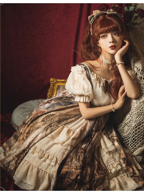 Classic Lolita JSK Jacquard White Lace Pleated Court Vintage Oil Painting Drawstring Metal Buttons Sling Dress