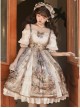 Classic Lolita JSK Jacquard White Lace Pleated Court Vintage Oil Painting Drawstring Metal Buttons Sling Dress