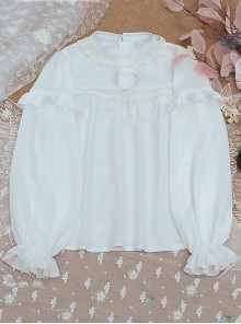 Little Wish Series Spring Sweet White Long Sleeve  Hollow Love Princess Loose Thin Sweet Lolita Shirts Blouses