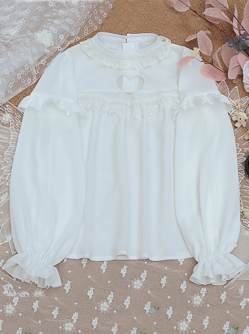 Little Wish Series Spring Sweet White Long Sleeve  Hollow Love Princess Loose Thin Sweet Lolita Shirts Blouses