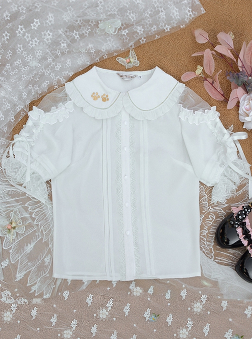 Little Lazy Cat Series Summer Cute Cat Claw Embroidery Slim Lace Tie Hollow Short Cuffs Sweet Lolita Blouses