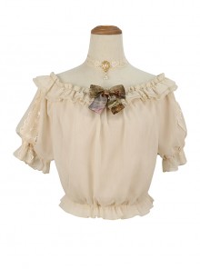 Classic Lolita White Lace Embroidery Ruffles Pleated Off The Shoulder Short Sleeve Shirt
