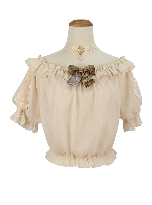 Classic Lolita White Lace Embroidery Ruffles Pleated Off The Shoulder Short Sleeve Shirt