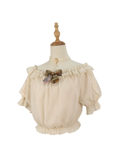 Classic Lolita White Lace Embroidery Ruffles Pleated Off The Shoulder Short Sleeve Shirt