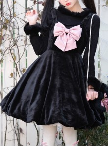 Cat Fluffy Series JSK Short Black Smooth Plush Girlish A-shaped Sweet Bud Bowknot Lolita Sling Dress