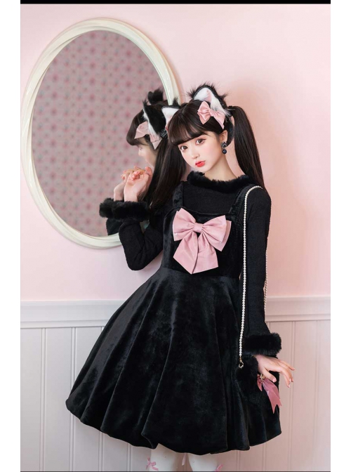 Cat Fluffy Series JSK Short Black Smooth Plush Girlish A-shaped Sweet Bud Bowknot Lolita Sling Dress