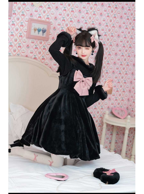 Cat Fluffy Series JSK Short Black Smooth Plush Girlish A-shaped Sweet Bud Bowknot Lolita Sling Dress