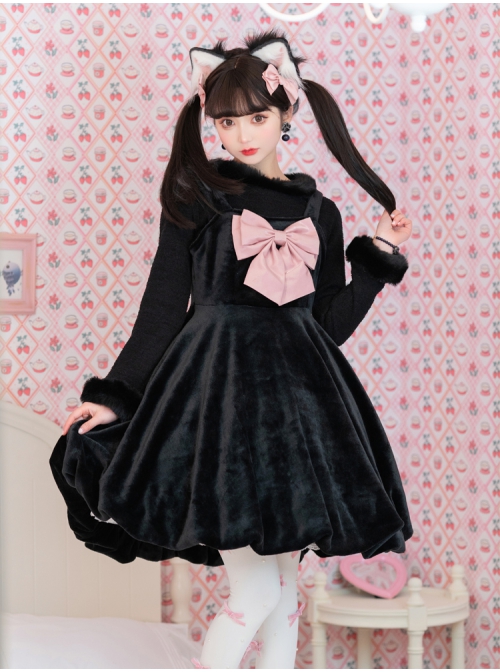 Cat Fluffy Series JSK Short Black Smooth Plush Girlish A-shaped Sweet Bud Bowknot Lolita Sling Dress