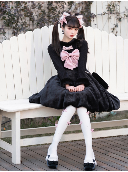 Cat Fluffy Series JSK Short Black Smooth Plush Girlish A-shaped Sweet Bud Bowknot Lolita Sling Dress