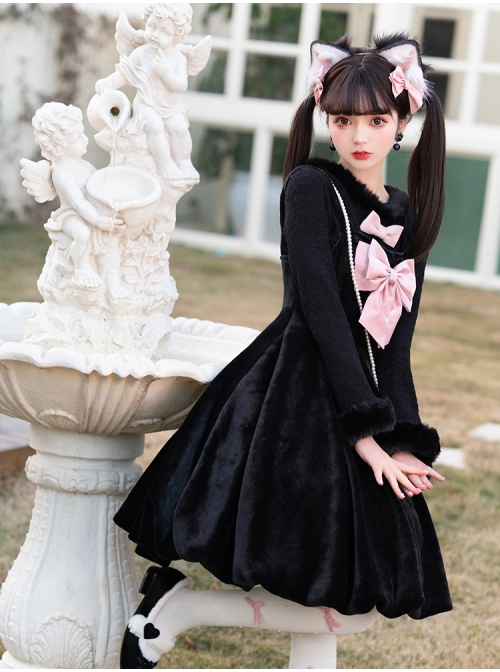 Cat Fluffy Series JSK Short Black Smooth Plush Girlish A-shaped Sweet Bud Bowknot Lolita Sling Dress