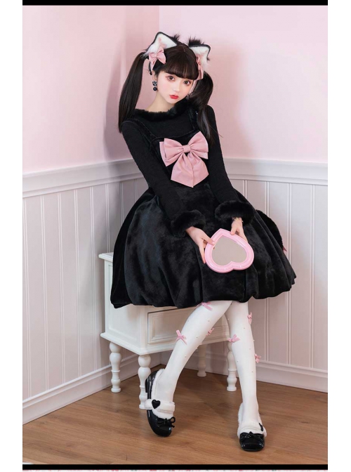 Cat Fluffy Series JSK Short Black Smooth Plush Girlish A-shaped Sweet Bud Bowknot Lolita Sling Dress