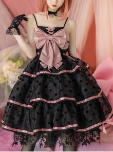 Sweet Cat Series JSK Short Black Pink Sexy Polka Dot Three-segment Hem Pendant Lace Bow Sweet Lolita Sling Dress