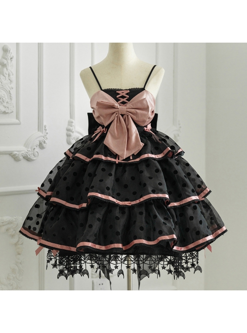 Sweet Cat Series JSK Short Black Pink Sexy Polka Dot Three-segment Hem Pendant Lace Bow Sweet Lolita Sling Dress