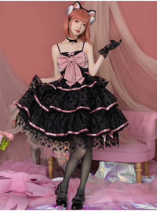 Sweet Cat Series JSK Short Black Pink Sexy Polka Dot Three-segment Hem Pendant Lace Bow Sweet Lolita Sling Dress