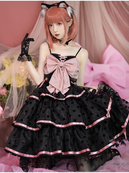 Sweet Cat Series JSK Short Black Pink Sexy Polka Dot Three-segment Hem Pendant Lace Bow Sweet Lolita Sling Dress