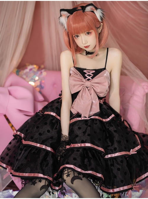 Sweet Cat Series JSK Short Black Pink Sexy Polka Dot Three-segment Hem Pendant Lace Bow Sweet Lolita Sling Dress